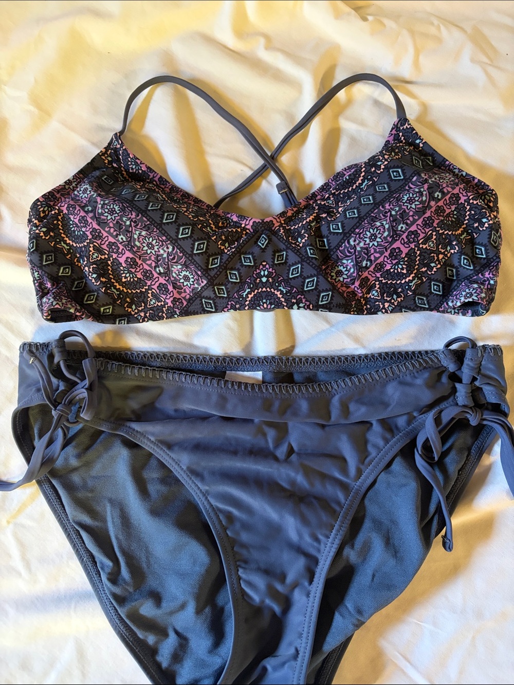 Xhilaration Purple Patterned Bralette Bikini with Charcoal Tie-Side Bottoms
